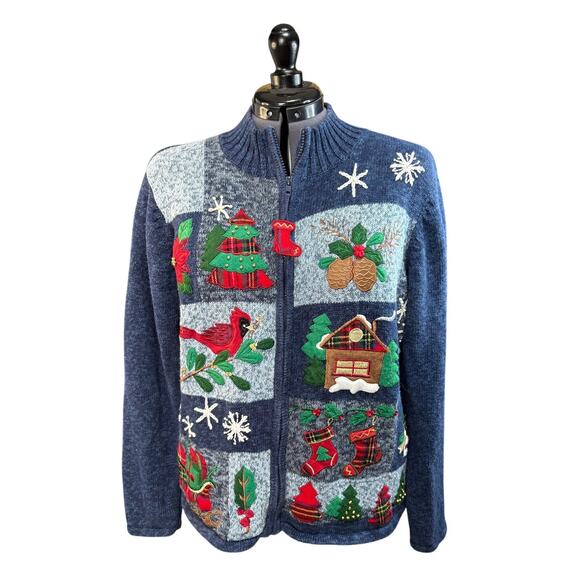 VTG Tiara International Christmas Collection Full Zip Holiday Sweater Sz L - Picture 1 of 10